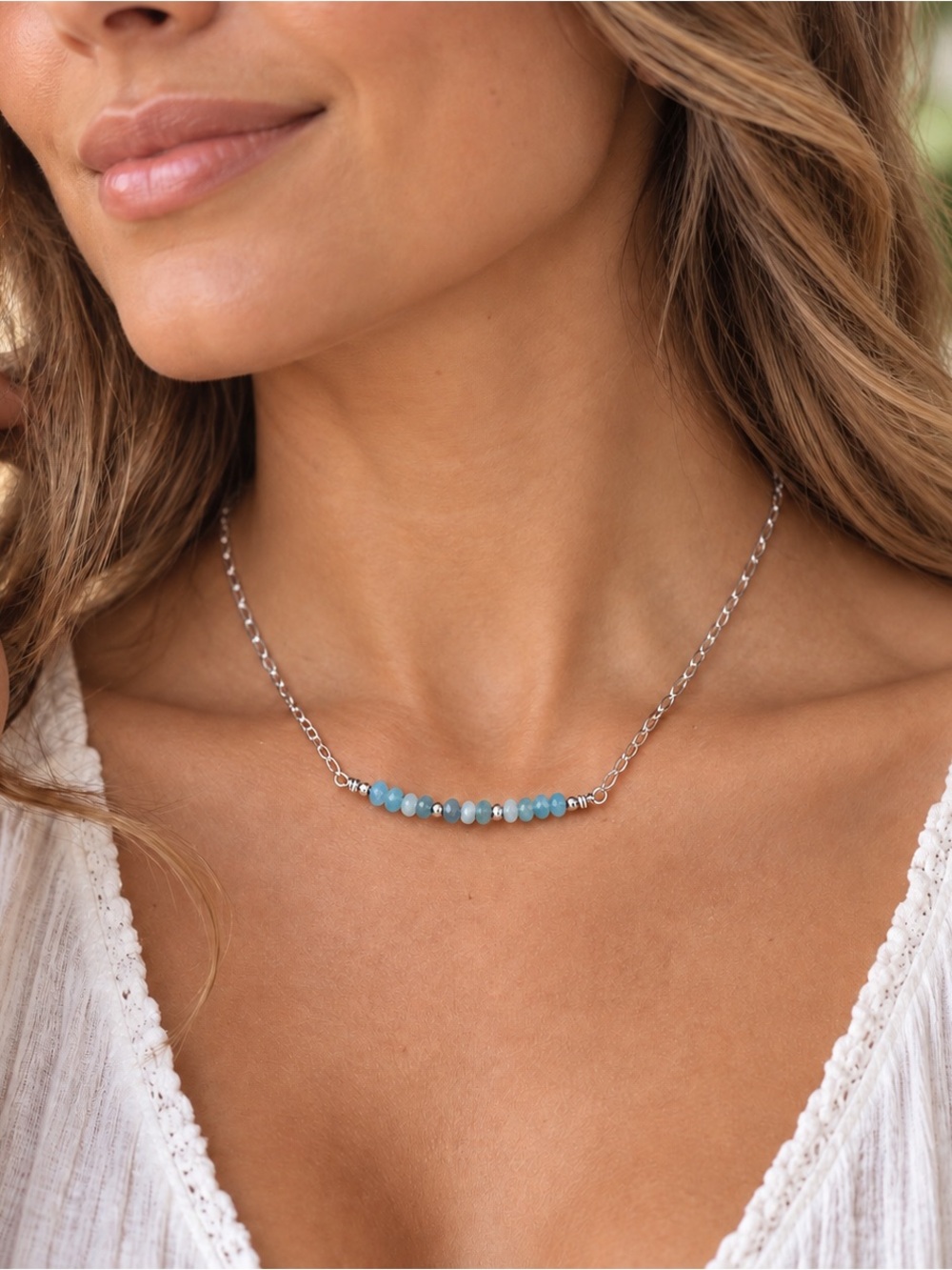 .925 Sterling Silver Aquamarine Beaded Bar Necklace India 19.5” Minimalist